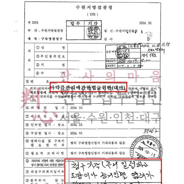 [구속영장기각] 마약류운반 및 소지 | 마약운반책 혐의로 구속과 실형이 예견된 사건, 구속영장기각
